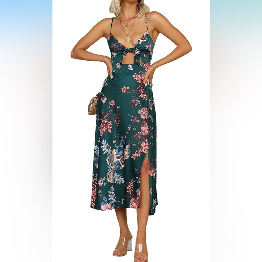 Floral Green Midi Dress with Slit